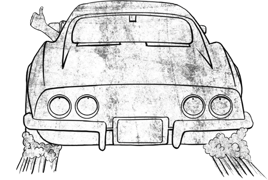 Illustration: Daumen wird aus Autofenster gezeigt, Auto fährt weg. Alles Super!